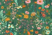 Bright And Cheerful Wildflowers In A Variety Of Colors On A Light Green Background, Seamless Pattern Texture Generative AI