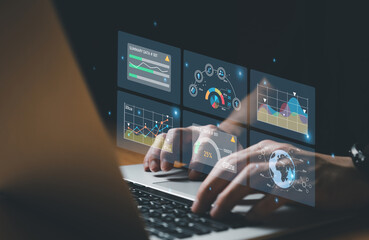 Wall Mural - young entrepreneur using big data analysis and cloud technology to collect customer data and display