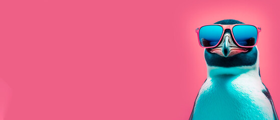 Penguin wearing pink sunglasses, pink background with copy space, generative ai