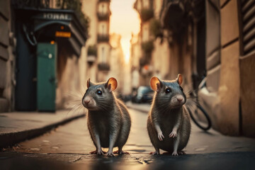 Wall Mural - deux rats dans une rue d'une grande ville comme Paris Generative AI