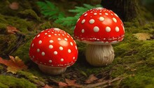  Two Red Mushrooms With White Dots On Them In The Forest With Moss And Leaves On The Ground And A Tree In The Background With Leaves On The Ground.  Generative Ai