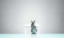  A Rabbit Sitting On A White Chair In Front Of A Gray Wall And A White Table With A White Chair And A White Table Top.  Generative Ai