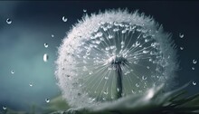  A Dandelion With Drops Of Water On It's Petals And A Dark Background With A Blue Sky In The Back Ground And A Few Clouds.  Generative Ai