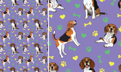 Wall Mural - English Beagle dogs on a playful violet background with bones, hearts, paws. Funky, colorful vibe, vibrant palette. Simple, clean, modern texture. Summer seamless pattern with dogs. Birthday present.