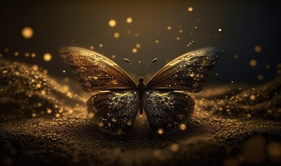 Wall Mural -  a golden butterfly with sparkling wings on a black background with gold dust and bubbles in the foreground and a black background with gold dust.  generative ai