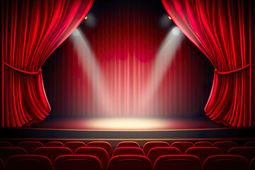 Stage red curtains light by searchlight. Realistic theater red dramatic curtains, spotlight on stage theatrical classic drapery template illustration. AI Generated.