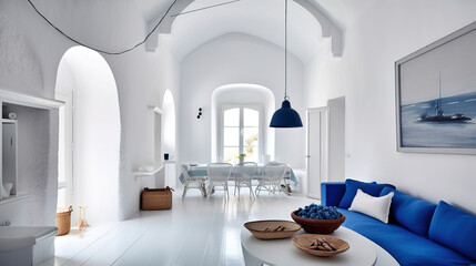 interior of a luxury greek santorini white beach house room with azure blue accents, generative ai