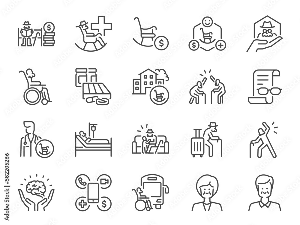Aging society icon set. It included icons such as senior people ...