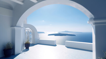 Wall Mural - Santorini Greek luxury hotel room interior, view of the sea from the window, generative ai