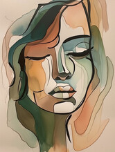 Abstract Watercolor Painting Of A Woman's Face With Long Flowing Hair In Earth Tone Muted Colors, Line Art With Watercolors Of Brown, Sage Green, Beige, Blue, Teal And Orange Colors. Generative AI