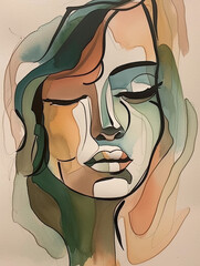 Abstract watercolor painting of a woman's face with long flowing hair in earth tone muted colors, line art with watercolors of brown, sage green, beige, blue, teal and orange colors. Generative AI