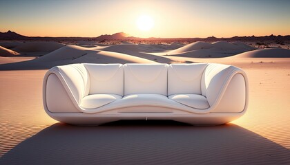 Wall Mural - HD photo of a sleek white leather sofa placed on a sandy desert landscape, with the sun setting in the background. Realistic lighting type that captures the warmth of the sun.  generative ai