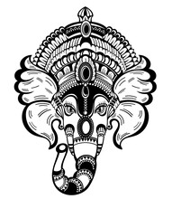 Hindu Lord Ganesha Over Sacred Geometry Shapes With Rays. Vector Illustration. Vintage Decorative.