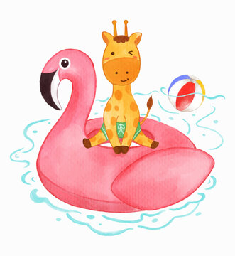 Fototapete - Giraffe sit on flamingo shape inflatable swim ring on water in swimming pool . Realistic watercolor paint with paper textured . Cartoon character design . Vector .
