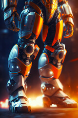 Poster - Close up of robot standing in front of dark background with bright lights. Generative AI.