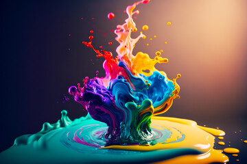 Wall Mural - Multicolored liquid splashing on top of yellow and blue liquid puddle. Generative AI.