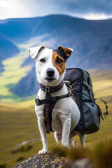 Wall Mural - Brown and white dog standing on top of grass covered field next to backpack. Generative AI.