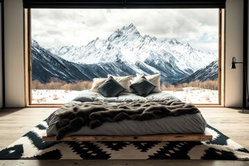 Poster - Large bed sitting in front of window next to snow covered mountain range. Generative AI.