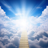 Fototapeta Przestrzenne - Stairway to heaven. generative ai. Stairway through the clouds to the  heavenly light