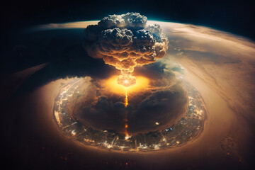 Poster - An image of nuclear explosion in the sky. Generative AI.