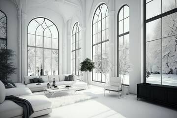 Poster - White living room with large windows and lots of snow. Generative AI.