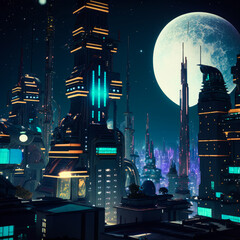 Wall Mural - Futuristic city at night with full moon in the sky. Generative AI.