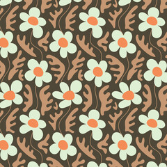 Wall Mural - groovy pattern daisy flower and melting leaf on black background. funky retro aesthetic print for mo