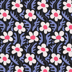 Wall Mural - groovy hippie pattern daisy flower and melting leaf on black background. funky retro aesthetic print