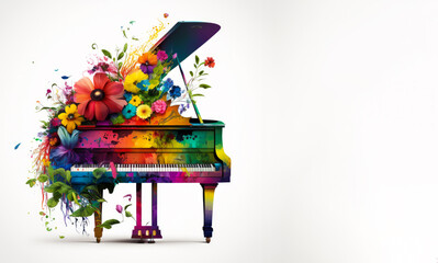 Colorful piano with flowers on it. Generative AI.