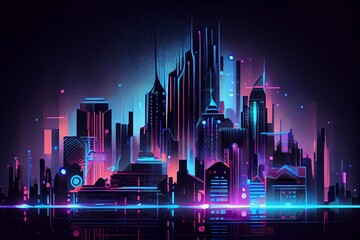 Wall Mural - watercolor illustration of a smart city and big data concept. futuristic cityscape at night with neo