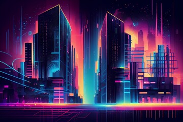Wall Mural - watercolor illustration of a smart city and big data concept. futuristic cityscape at night with neo