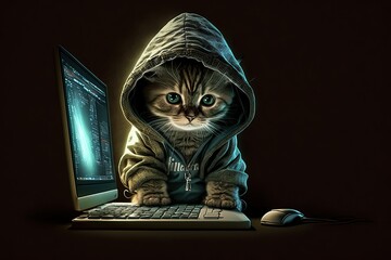 A Cute Baby Tabby Cat Hacker: Tiny, Adorable Pet Seated at a Computer Desk in a Hoodie