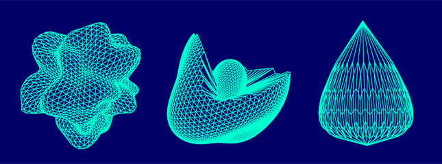 Aufkleber - Set of abstract geometric vector 3D shapes made of mesh for cover or poster design. 