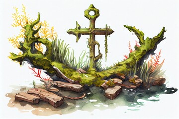 Wall Mural - Watercolor Illustration of a Old Anchor Overgrown With Algae Illustration. Generative AI