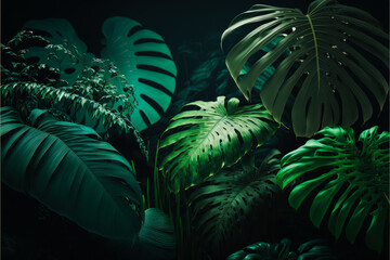 Sticker - Tropical plants in the dark with green leaves. Generative AI.