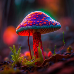 Sticker - Psychedelic mushroom with bright colors in the forest. Generative AI.