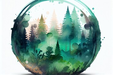 Sticker - Watercolor Illustration of a Glass Marble Sphere Earth In A Forest Background, Illustration Digital Design Art Style. Generative AI