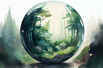 Wall Mural - Watercolor Illustration of a Glass Marble Sphere Earth In A Forest Background, Illustration Digital Design Art Style. Generative AI