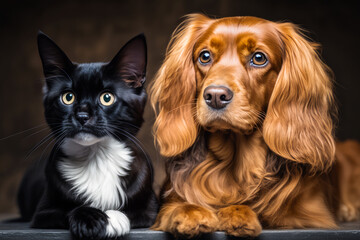 Canvas Print - Dog and cat sitting next to each other. Generative AI.