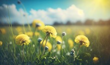  A Field Full Of Yellow Dandelions Under A Blue Sky.  Generative Ai