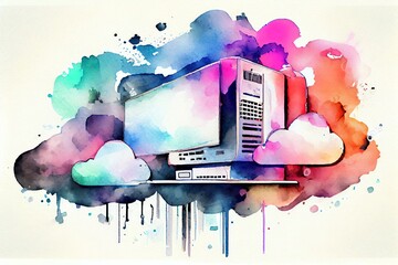 Canvas Print - Watercolor Illustration of a Cloud Storage Community. Generative AI