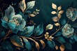 Watercolor Illustration of a Bluish Green Luxurious Floral Pattern With Golden Details Ideal For Backgrounds. Generative AI