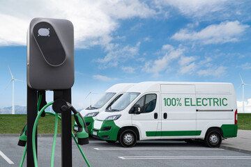 Poster - Electric delivery vans with electric vehicles charging station.