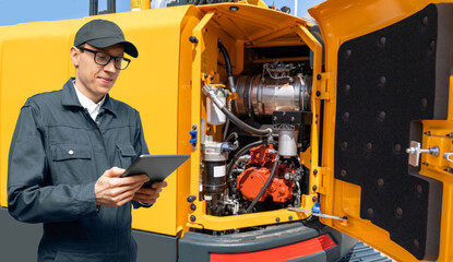 Aufkleber - Serviceman with digital tablet on the background of construction machine	