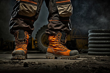 Wall Mural - Worker wearing protective shoes at construction site. Working safety boots for protection accident in factory. Created with Generative AI