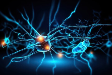 Poster - Neuron cells on abstract background, neural connections in the human brain, glowing synapses in nervous system. Created with Generative AI