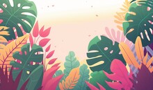  A Painting Of Tropical Plants And Leaves On A Pink Background.  Generative Ai