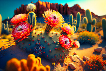 Wall Mural - Vibrant cactus flowers blossoming under the harsh summer sun, amidst a sandy desert landscape