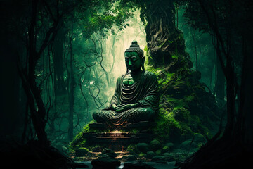 a buddha statue sitting in the middle of a forest. generative ai