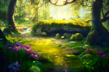 Wall Mural - A sunlit glade in an ancient forest, carpeted with soft moss and delicate wildflowers